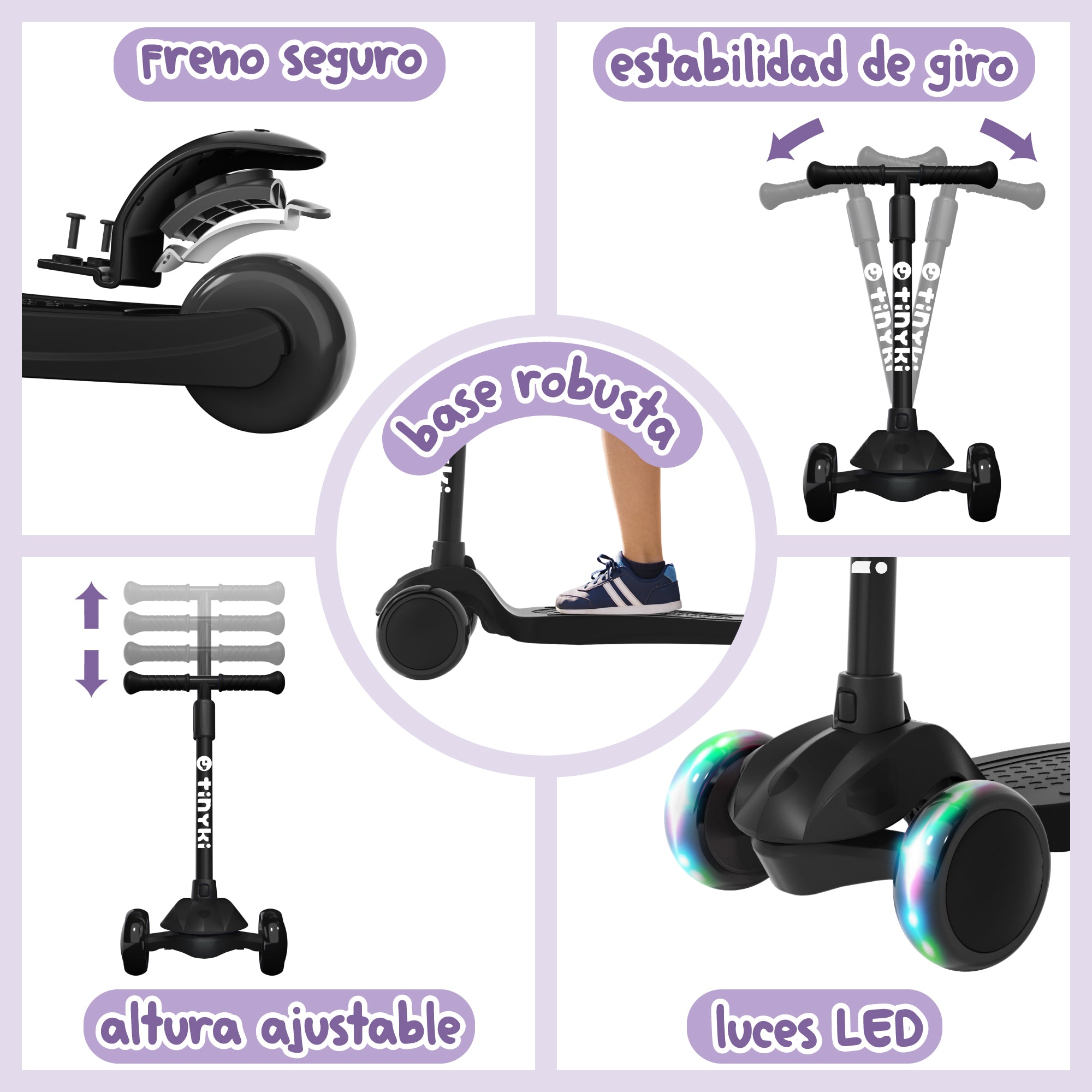 Patinete Niño 2 Años a 6 - Patinete niña Altura Ajustable con Ruedas Luces LED - Patinete 3 Ruedas Scooter Niño - Patinete Infantil para Niños y Niñas - Negro