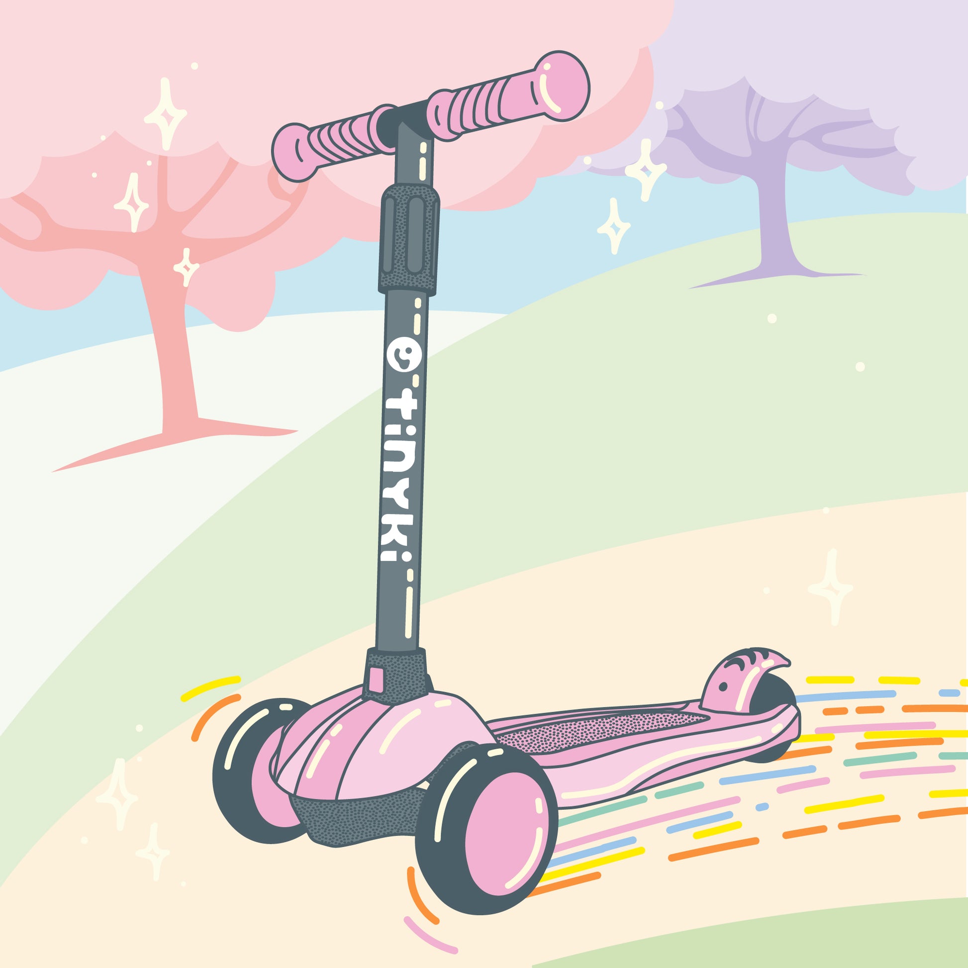 Ilustración del patinete rosa Tinyki en un entorno animado y colorido, resaltando su seguridad y luces LED, perfecto para los más pequeños.