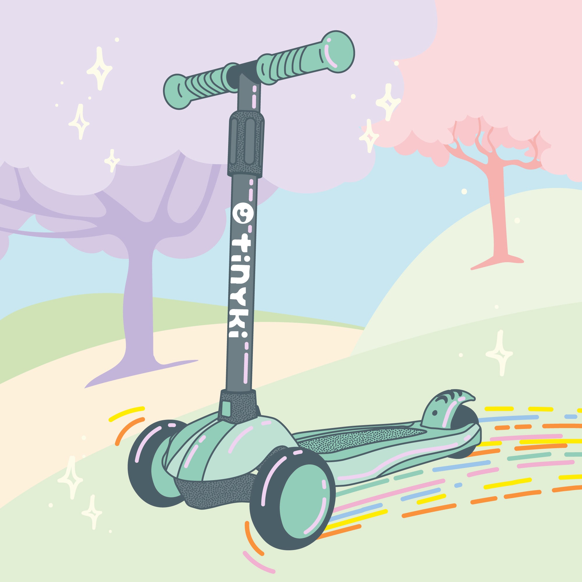 Patinete verde menta Tinyki en una ilustración infantil, mostrando su diseño seguro y atractivo para los niños.