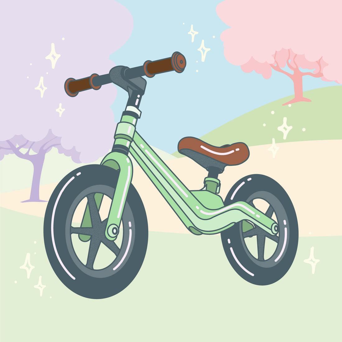 Ilustración de la bicicleta sin pedales de Tinyki, mostrando su diseño innovador y atractivo para niños pequeños. Verde