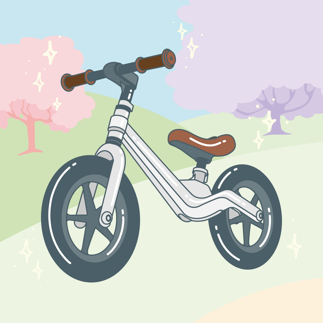 Ilustración de la bicicleta sin pedales de Tinyki, mostrando su diseño innovador y atractivo para niños pequeños. Blanca 