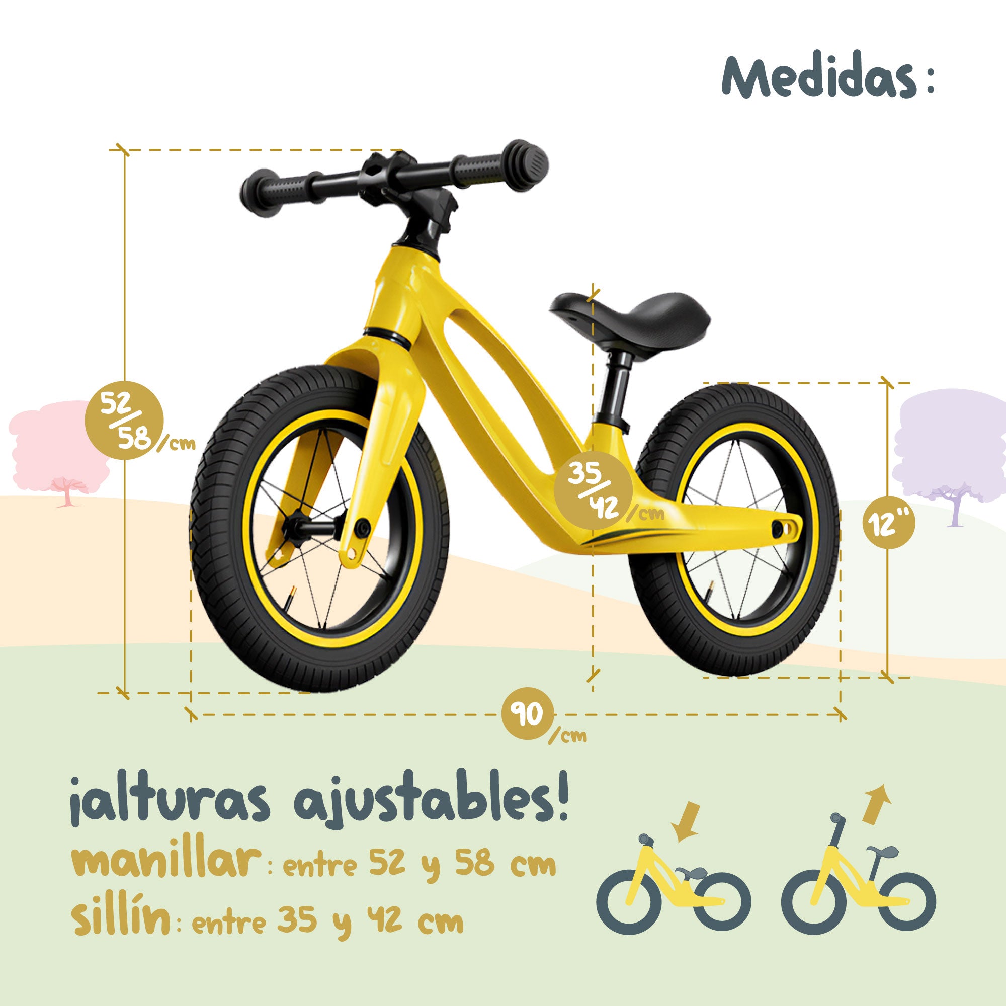 bicicleta sin pedales 1 año Bici sin Pedales Amarilla 12” para Niños de 2 a 6 Años