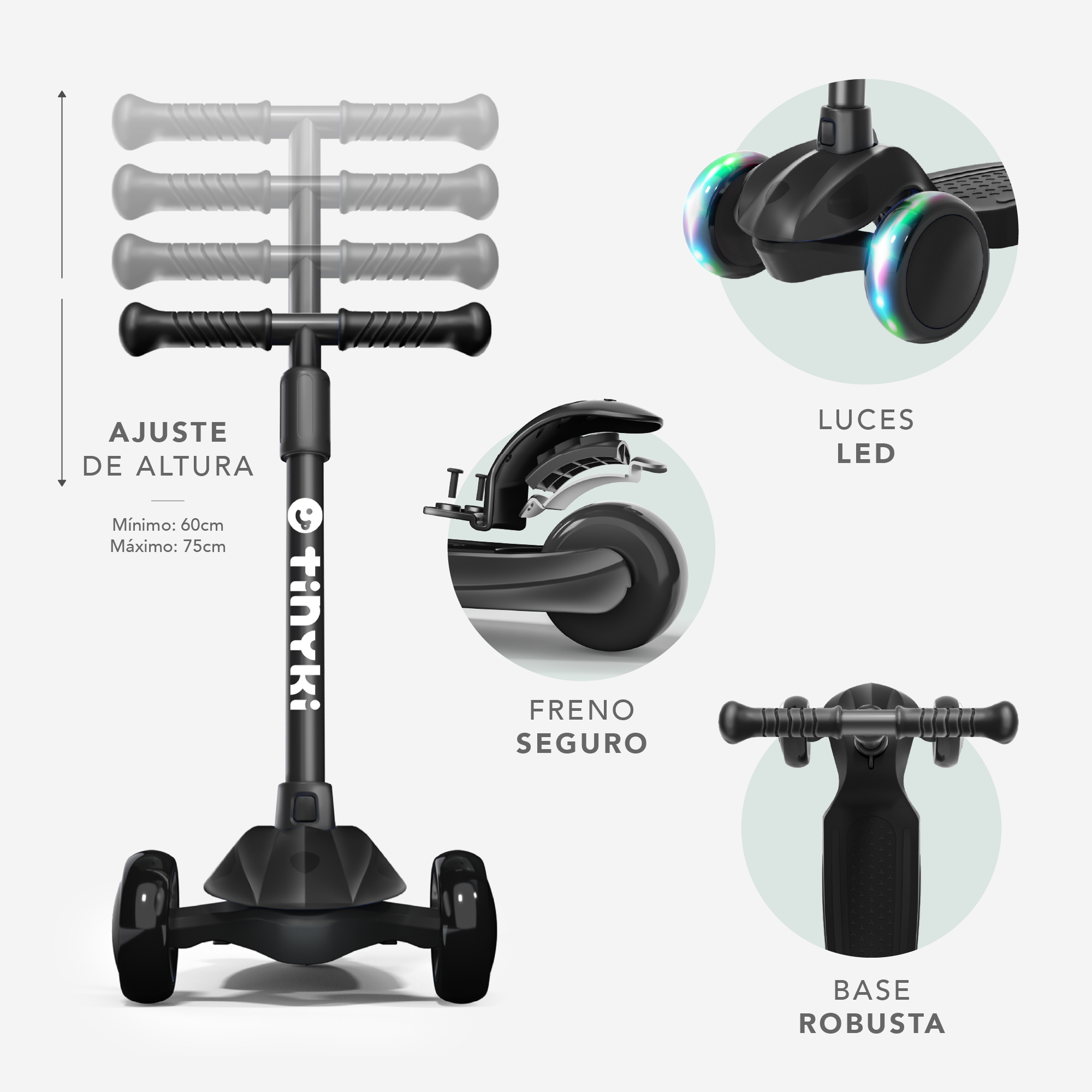 Patinete Niño 2 Años a 6 - Patinete niña Altura Ajustable con Ruedas Luces LED - Patinete 3 Ruedas Scooter Niño - Patinete Infantil para Niños y Niñas - Negro
