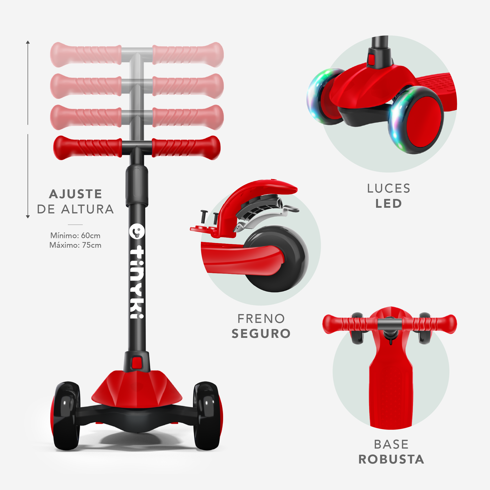 Patinete Niño 2 Años a 6 - Patinete niña Altura Ajustable con Ruedas Luces LED - Patinete 3 Ruedas Scooter Niño - Patinete Infantil para Niños y Niñas - Rojo