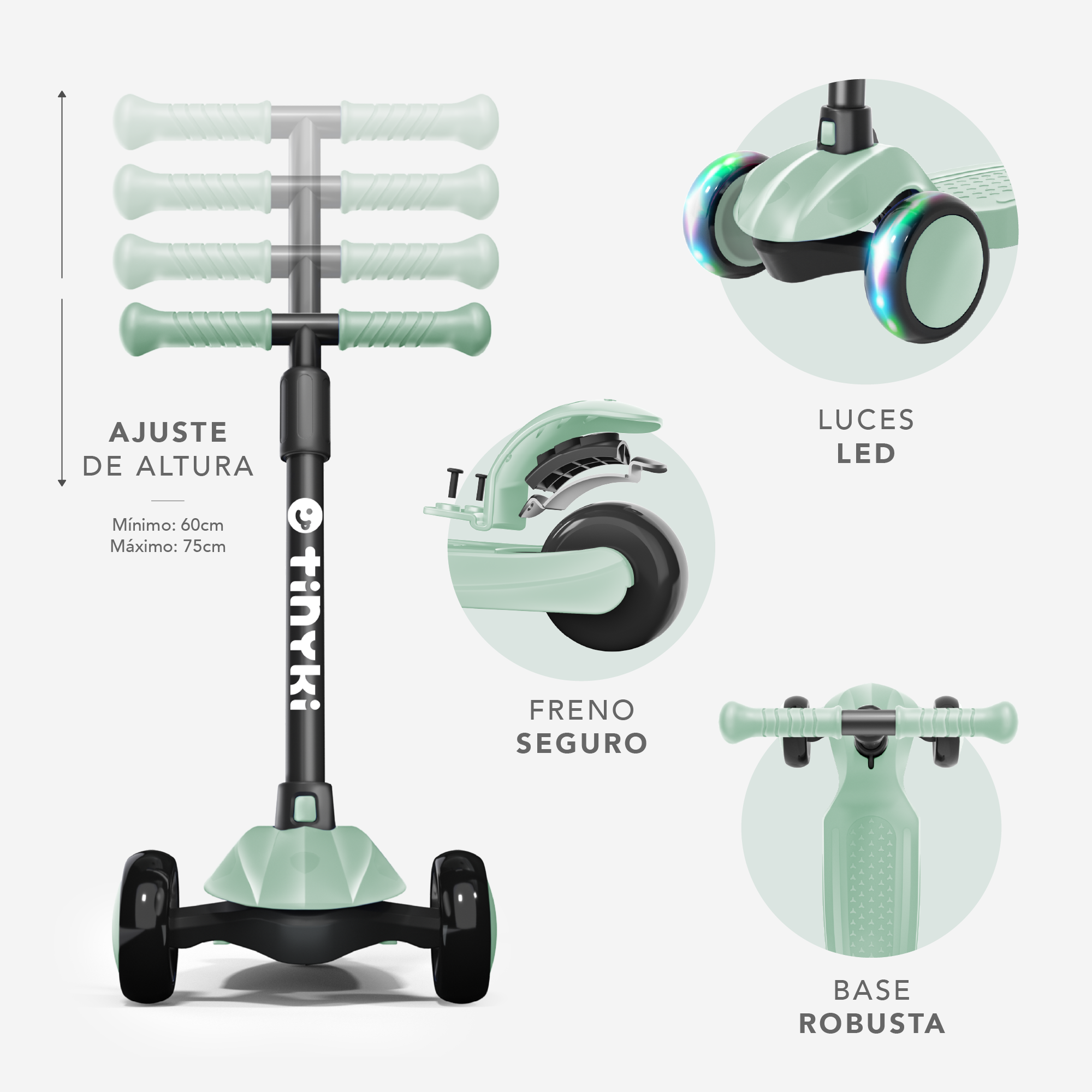 Patinete Niño 2 Años a 6 - Patinete Niña Altura Ajustable con Ruedas Luces LED - Patinete 3 Ruedas Scooter Niño - Patinete Infantil para Niños y Niñas - Verde Agua
