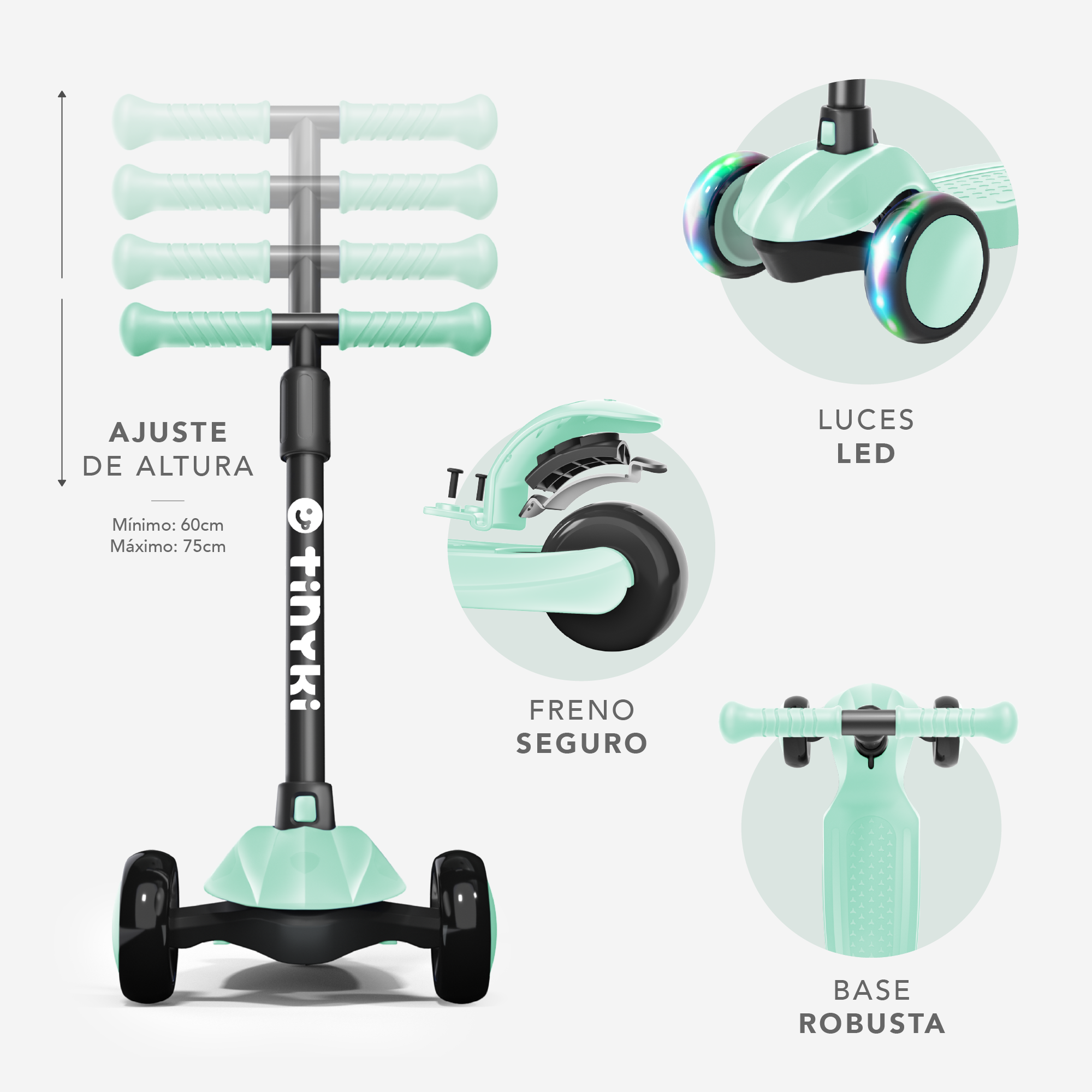 Patinete Niño 2 Años a 6 - Patinete niña Altura Ajustable con Ruedas Luces LED - Patinete 3 Ruedas Scooter Niño - Patinete Infantil para Niños y Niñas - Verde Menta