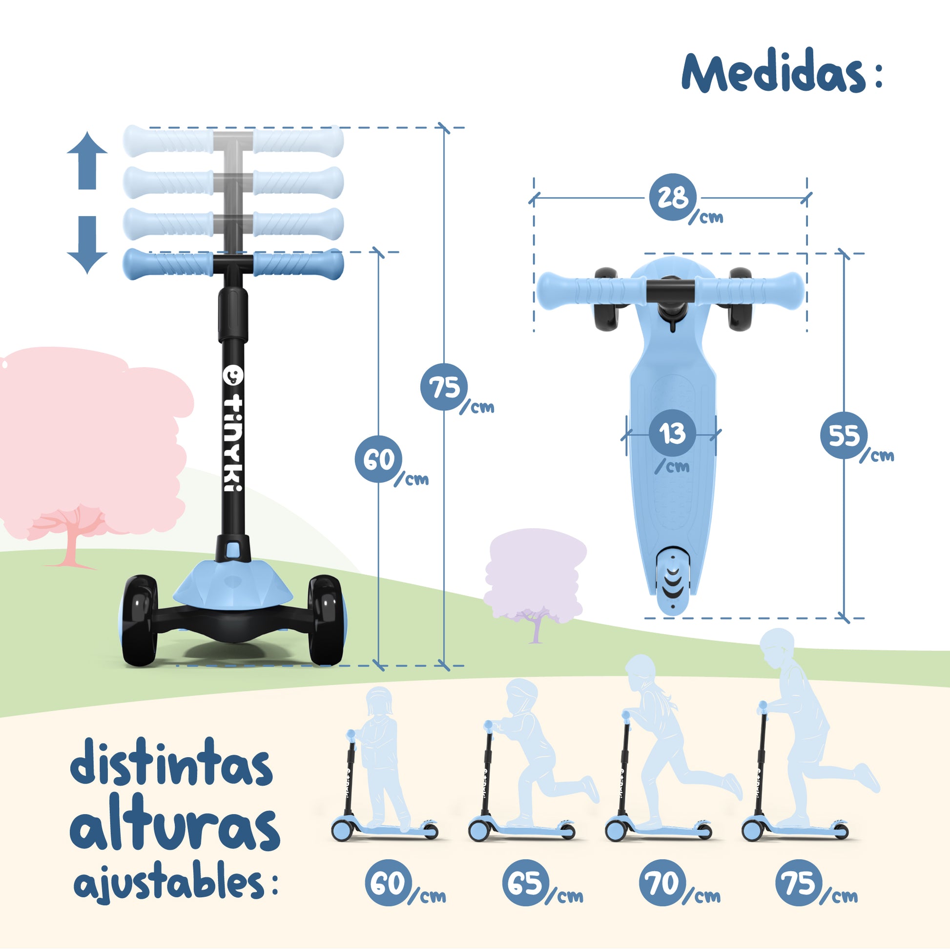 Crece con tu hijo. Ajusta la altura del manillar del patinete azul desde 60 cm hasta 75 cm para adaptarse a diferentes edades.